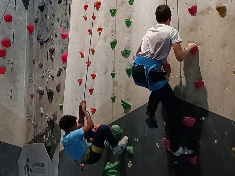 Dos alumnos escalando con arnés y cuerda