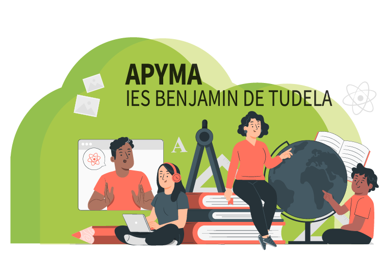 Ilustración de alumnado y familias del IES Benjamín de Tudela estudiando y aprendiendo juntos